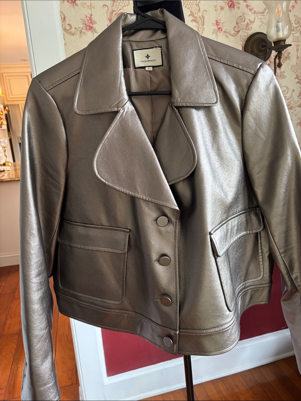 Tuckernuck Metallic Taupe Button-Front Leather Jacket